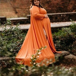 Plus Size Orange Maternity Maxi Dress with Thigh Slit